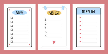 Wish list elements for bullet journal. Page template with check boxes and numbers. Wishlist. Vector illustration isolated.のイラスト素材