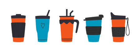 Set of tumblers with cap, handle and straw. Reusable cups and thermo mug. Different designs of...