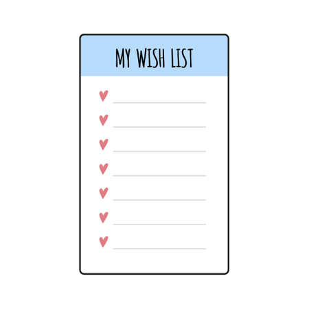 Wish list element for bullet journal. Page template with hearts. Wishlist. Vector illustration isolated on white background.のイラスト素材