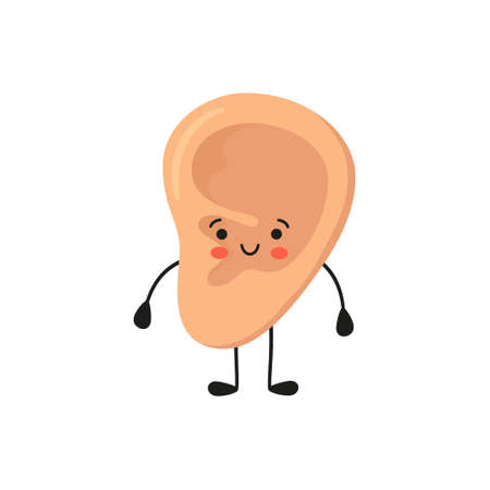 Human ear kawaii character. The ear is like a sense organ. Part of the face. Healthy organ of hearing. Vector illustration isolated on white background in hand drawn style.のイラスト素材