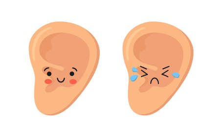 Human ear kawaii happy and sad characters. Healthy and sick ear. Healthy organ of hearing. Otitis and other diseases. Vector illustration isolated on white background in hand drawn style.のイラスト素材