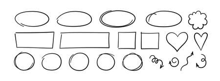 Set of hand drawn circles, ovals, hearts and arrows. Highlight circle frames. Ellipses and curly arrows in doodle style. Vector illustration isolated on white background.のイラスト素材