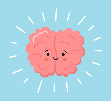 Kawaii happy human brain character. Hand drawn symbol of healthy mind. Vector cartoon illustration isolated on blue background with rays.のイラスト素材