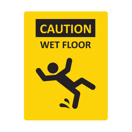 Caution wet floor sign. A man falling down. Slippery floor sign. A sign warning of danger. Vector illustration isolated on white background.のイラスト素材