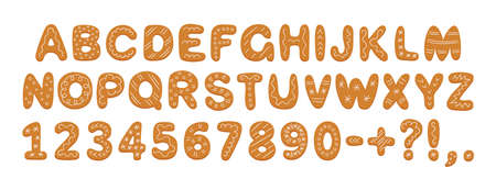 Alphabet of gingerbread cookies with glaze. Cartoon letters, numbers and marks for Christmas or New Year. Gingerbread holidays cookies font. Hand drawn vector illustration isolated on white backgroundのイラスト素材