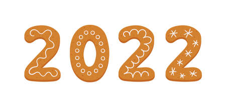 Gingerbread cookies in form of number 2022. Happy new year 2022 year banner. Gingerbread holidays cookies. Hand drawn vector illustration isolated on white background.のイラスト素材