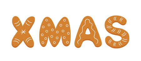 Gingerbread cookies in form of letters xmas. Merry Christmas banner. Gingerbread holidays cookies. Hand drawn vector illustration isolated on white background.のイラスト素材