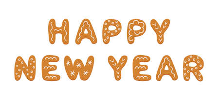 Gingerbread cookies in form of letters Happy New Year. New year banner. Gingerbread holidays cookies. Hand drawn vector illustration isolated on white background.のイラスト素材