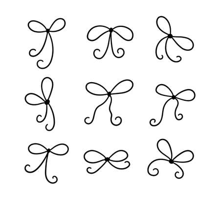 Thread bows with knots. Decorative thin ribbons set. Hand drawn vector illustration isolated in doodle style on white background.のイラスト素材