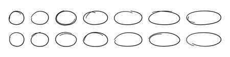 Hand drawn ovals and circles set. Ovals of different widths. Highlight circle frames. Ellipses in doodle style. Set of vector illustration isolated on white background.のイラスト素材