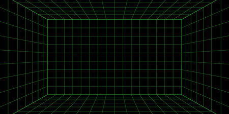 3d wireframe grid room. 3d perspective laser grid 16 9.. Cyberspace black background with green mesh. Futuristic digital hallway space in virtual reality. Vector illustration.のイラスト素材