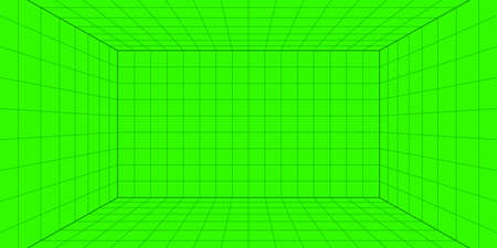 3d wireframe grid room. 3d perspective laser grid 16 9. Cyberspace green background with black mesh. Futuristic digital hallway space in virtual reality. Vector illustration.のイラスト素材