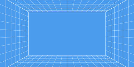 3d wireframe grid room. 3d perspective laser grid 16 9. Cyberspace blue background with white mesh....