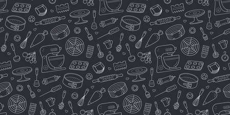 Seamless pattern with tools for making cakes, cookies and pastries. Doodle confectionery tools dough mixer, baking pan and pastry bag. Vector illustration hand drawn in chalk on blackboard background.のイラスト素材