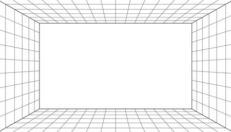3d wireframe grid room. 3d perspective laser grid 16 9. Cyberspace white background with black mesh. Futuristic digital hallway space in virtual reality. Vector illustration.のイラスト素材