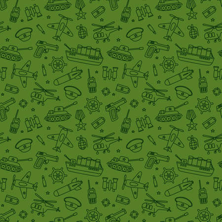 Victory day 9 may seamless pattern. Hand drawn background for Defender of the Fatherland Day 23 february. Kid drawing for army day. Doodle vector illustration on green background.のイラスト素材