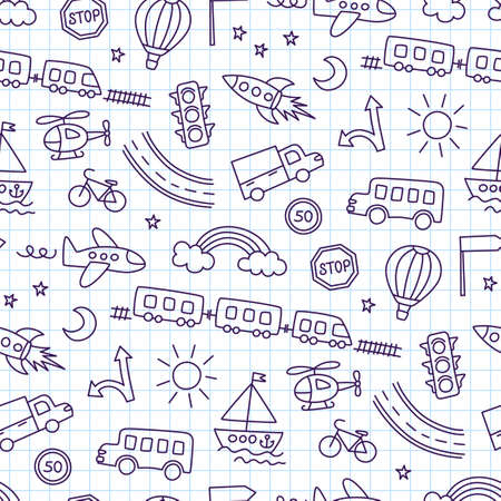 Children drawing of cars, train, plane, helicopter and rocket. Doodle transport. Cute children drawing. Seamless pattern in kid style. Hand drawn vector illustration on squared notebook background.のイラスト素材