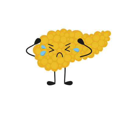 Crying pancreas kawaii sad unhealthy character. Drawing of a sick pancreas with tears. Isolated vector illustration on white background.