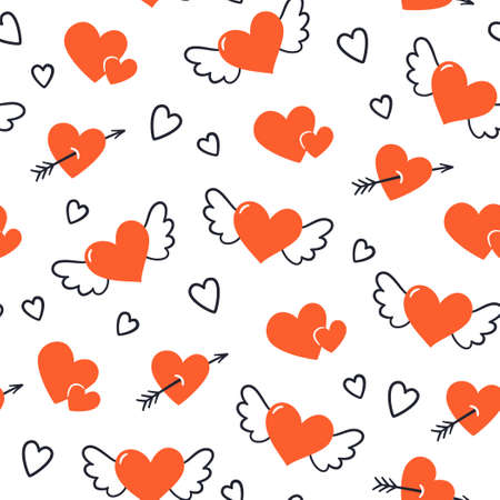 Seamless pattern with hearts, wings and arrows. Valentines Day texture. Wedding seamless pattern. Symbol of love. Hand drawn vector illustration on white background.のイラスト素材