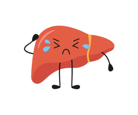 Sick sad liver character. Kawaii liver character. Vector isolated illustration in flat and cartoon style on white background.のイラスト素材