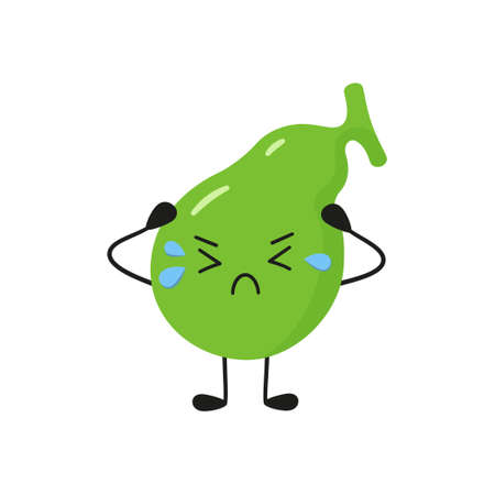 Sick sad kawaii gallbladder. Characters to illustrate the problem of cholecystitis, gallstone disease. Vector isolated illustration on white background.のイラスト素材