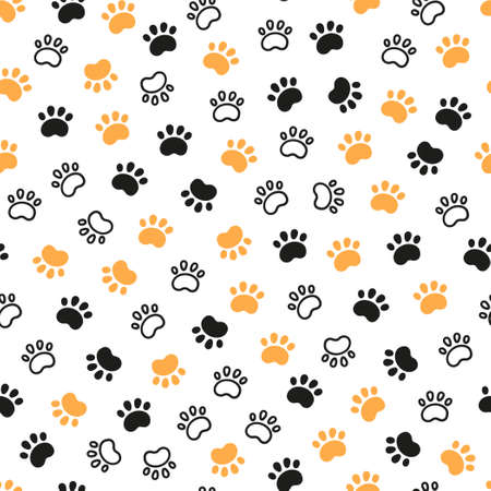 Seamless dog pattern with paw prints. Cat foots texture. Pattern with doggy pawprints. Dog texture. Hand drawn vector illustration in doodle style on white background.のイラスト素材