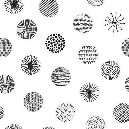 Hand drawn circles with doodle texture. Modern abstract seamless pattern with black organic round shapes with lines, circles, drops. Vector illustration on white background.のイラスト素材