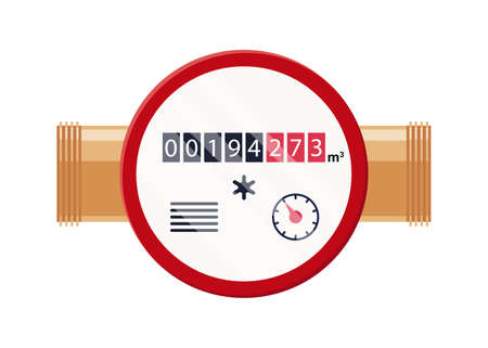 Water meter. Automatic meters for cold or warm water. Household or industrial measuring sanitary equipment in flat style. Vector illustration isolated on white background.のイラスト素材