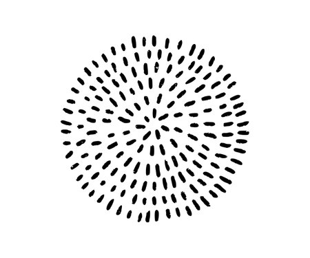 Hand drawn circle with doodle texture. Modern abstract black round shape with lines, circles, drops. Hand drawn organic doodle shape. Vector illustration isolated on white background.のイラスト素材