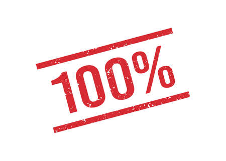 Grunge red 100 percent rubber stamp. One hundred percent seal sign. Grunge vintage square label. Vector illustration isolated on white background.のイラスト素材