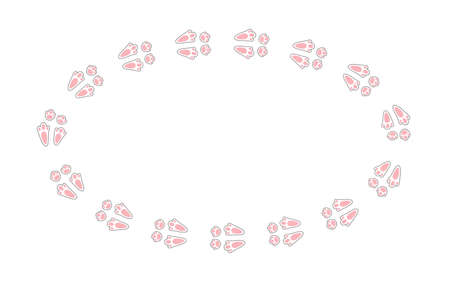 Rabbit or hare footprint trail. Easter bunny foot prints. Rabbit paw steps. Hare steps track on snow. Blank round frame template. Vector illustration isolated on white background in flat style.のイラスト素材