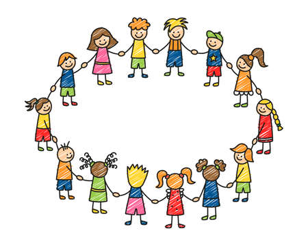 Happy doodle stick children holding hands. Hand drawn funny kids in circle. Children friendship concept. Doodle children community. Vector illustration isolated on white background.のイラスト素材