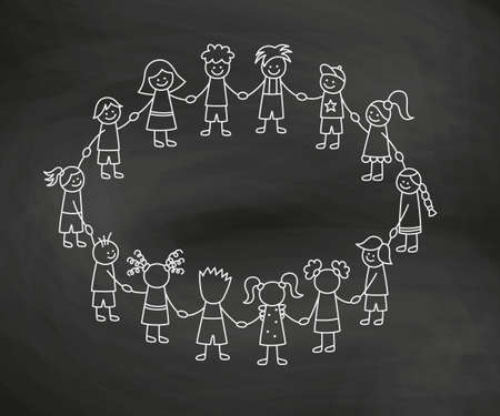 Happy doodle stick children holding hands. Hand drawn funny kids in circle. International friendship concept. Doodle children community. Vector linear illustration on school blackboard background.のイラスト素材