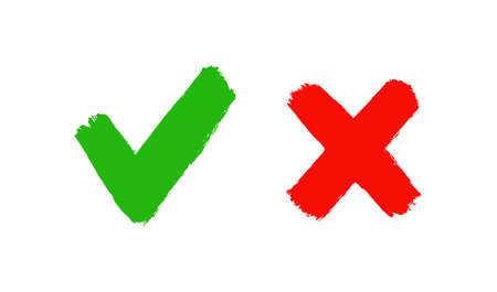 Grunge hand drawn tick check and cross mark. Brush drawn symbols OK, YES and NO, X. Tick V and cross X for check box. True and false icons. Vector illustration isolated on white background.のイラスト素材