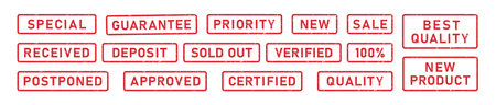 Grunge words approved, received, sold rubber stamps. Guarantee, sale, special sign sticker set. Grunge red vintage square label. Vector illustration isolated on white background.のイラスト素材