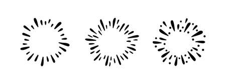 Hand drawn firework. Star burst. Sunburst doodle icon. Hand drawn explosion frame. Sparkles set with radial lines. Explosion vintage effects. Vector illustration isolated on white background.のイラスト素材
