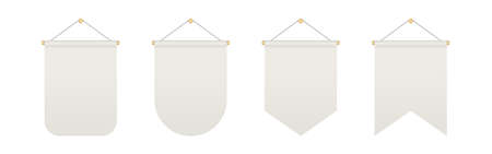Empty white bunting pennants of various shapes. Hanging realistic pennants and flags with rope. Bunting flags mock up. Blank realistic templates. Vector illustration isolated on white background.のイラスト素材