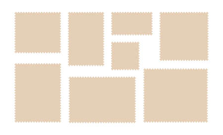 Postage stamp frames set. Empty border template for postcards and letters. Blank rectangle and square vintage postage stamps with perforated edge. Vector illustration isolated on white background.のイラスト素材