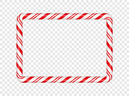 Christmas candy cane rectangle frame with red stripe. Xmas border with striped candy lollipop pattern. Blank christmas and new year template. Vector illustration isolated on transparent background.のイラスト素材