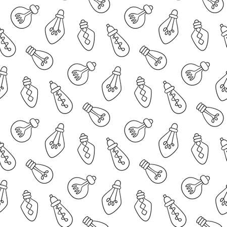 Hand drawn light bulbs seamless pattern. Different loft lamps in doodle style. Vector illustration on white backgroundのイラスト素材