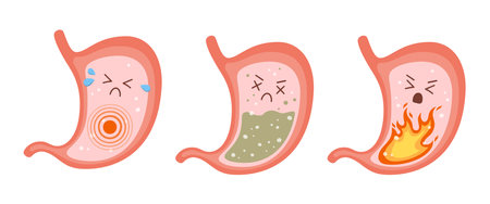 Sick stomach characters. Stomach pain, gastritis, indigestion, vomiting, heartburn problems. Vector flat cartoon illustration on white backgroundのイラスト素材