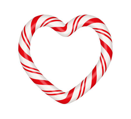 Christmas candy cane heart frame with red and white striped. Xmas border with striped candy lollipop pattern. Blank christmas and new year template. Vector illustration isolated on white background.のイラスト素材