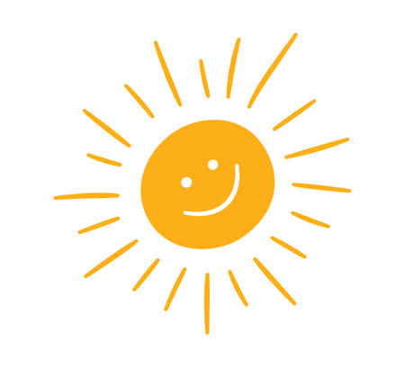 Doodle childish sun icon. Scribble yellow sun with rays and smile symbol. Doodle funny children drawing. Hand drawn burst. Hot weather sign. Vector illustration isolated on white background.のイラスト素材