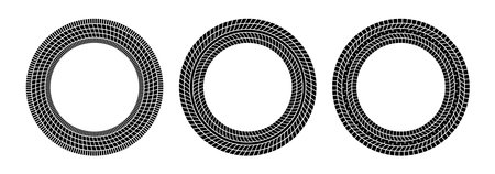 Auto tire tread circle frames set. Car and motorcycle tire pattern, wheel tyre tread track print. Black tyre round border. Vector illustration isolated on white background.のイラスト素材