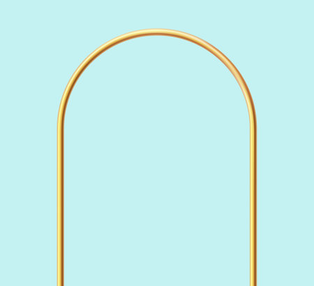 Golden realistic arch. Gold 3d arch frame. Shiny doorway. Blank portal design element. Vector illustration isolate on blue background.のイラスト素材