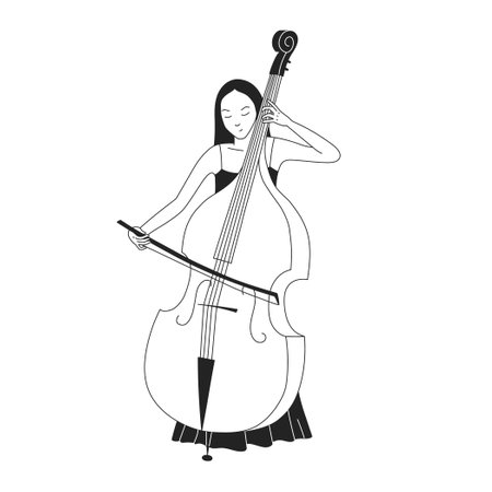 Young woman playing contrabass. Female contrabass artist. Elegant young girl and classical orchestral musical instrument. Classical musician. Vector illustration isolated on white background.のイラスト素材