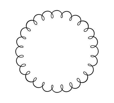Doodle circle scalloped frame. Hand drawn scalloped edge ellipse shape. Simple round label form. Flower silhouette lace frame. Vector illustration isolated on white background.のイラスト素材