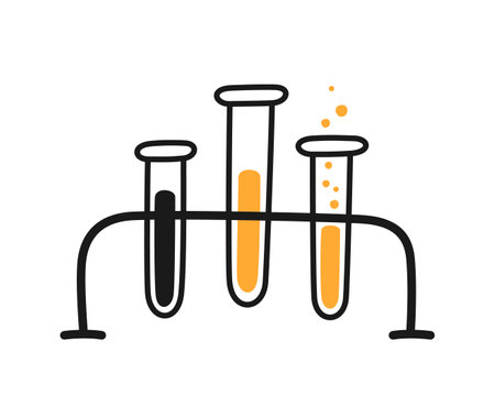 Science laboratory experiment. Lab chemistry test. Hand drawn chemical processes. Doodle vector illustration with lab glass flask on white background.のイラスト素材