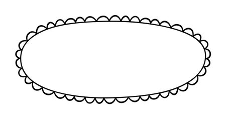 Doodle circle oval scalloped frame. Hand drawn scalloped edge ellipse shape. Simple round label form. Flower silhouette lace frame. Vector illustration isolated on white background.のイラスト素材