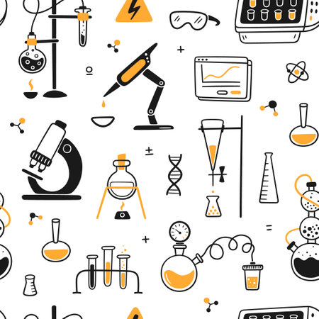 Science biology chemical experiment lab seamless pattern. Chemical laboratory equipment. Hand drawn chemical processes. Doodle vector illustration with lab flask, microscope on white background.のイラスト素材